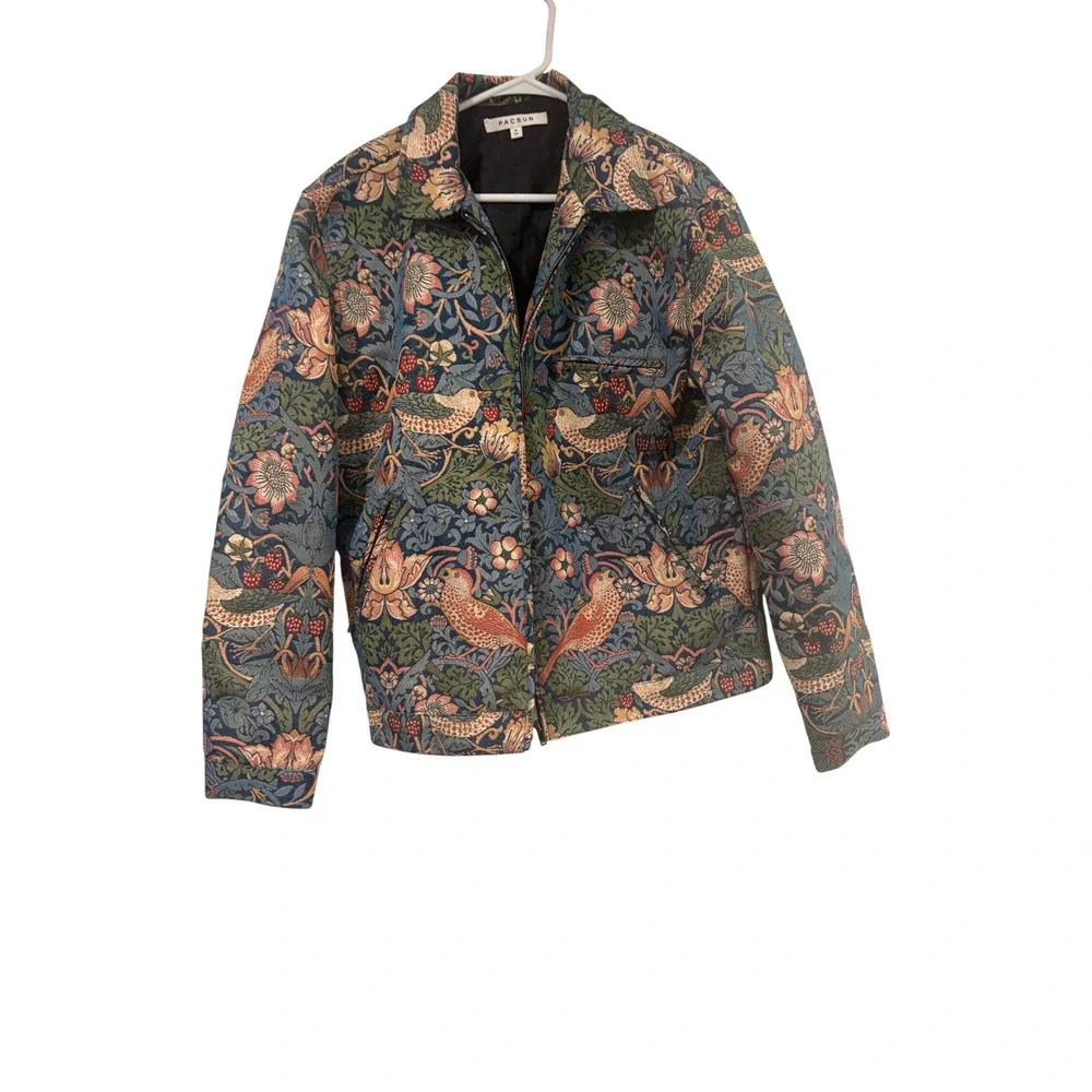 PacSun Tapestry Jacket Mens Medium Floral Bird Print Full Zip Woven
